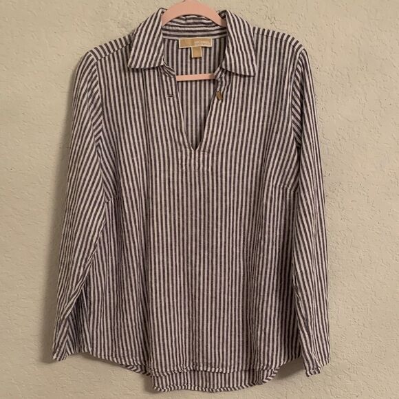 Michael Kors Navy and White Striped Women’s Shirt Tunic Linen Blend Size 1X - Picture 1 of 8